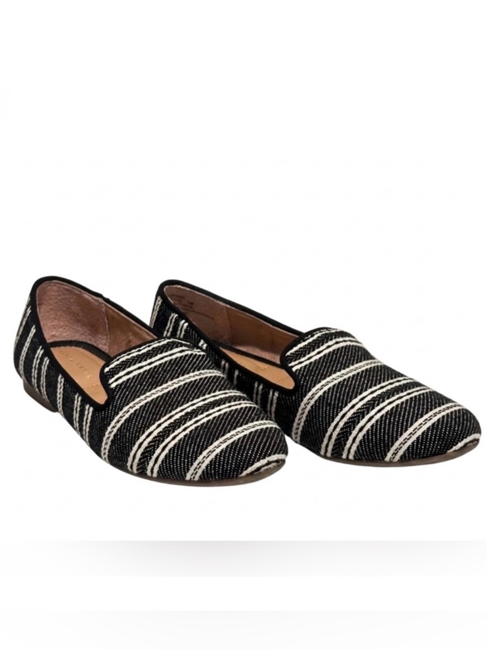 KELLY & KATIE Peyton Black & Cream Stripe Canvas Smoking Loafers US Size 7